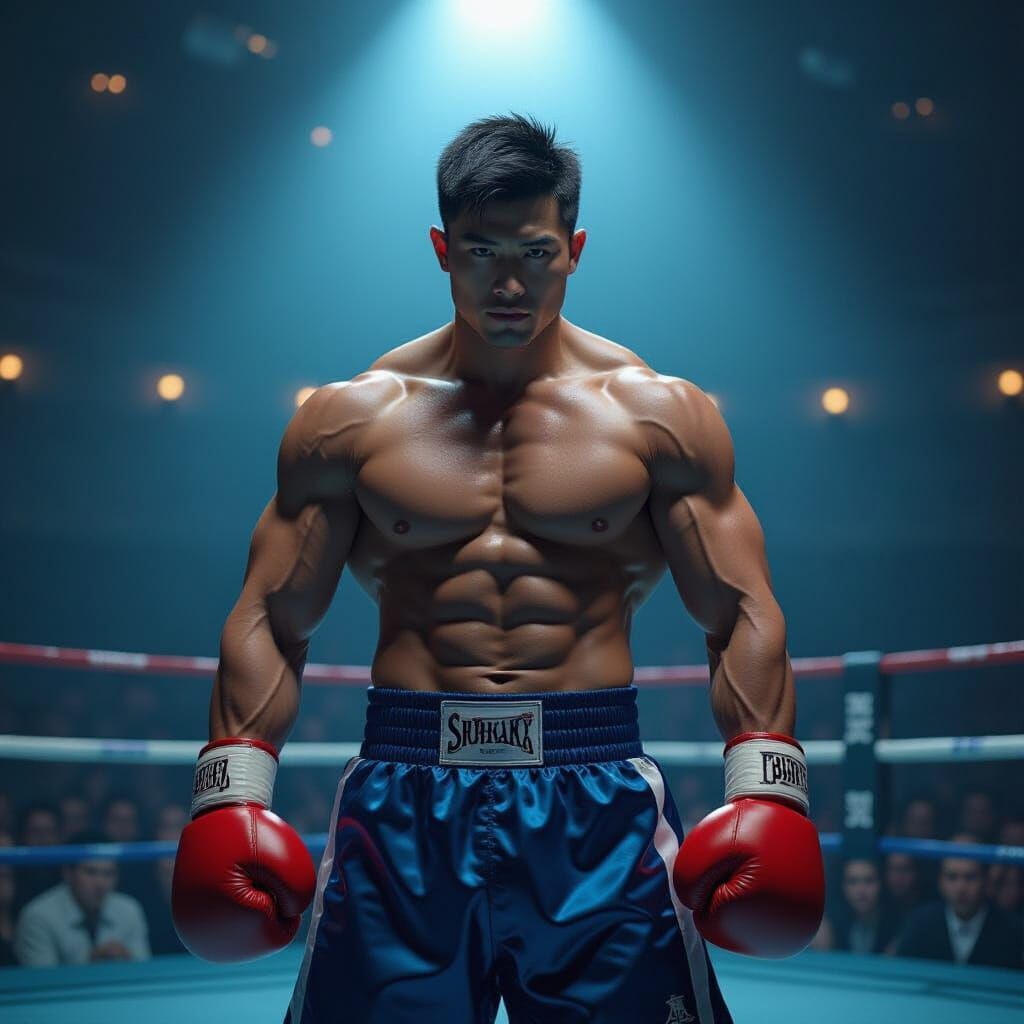 Chinese Bodybuilder in Boxing Ring, Retro Sci-Fi Art
