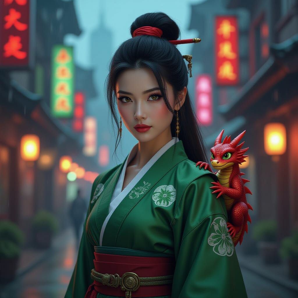 Cyberpunk Mulan with Red Dragon in Neon Cityscape