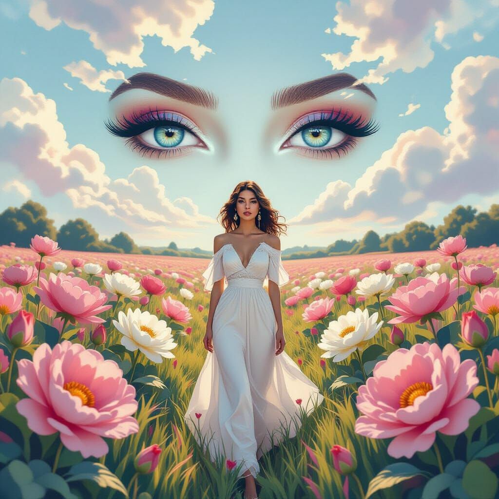 Woman in Floral Field: Ultramodern Watercolor Art