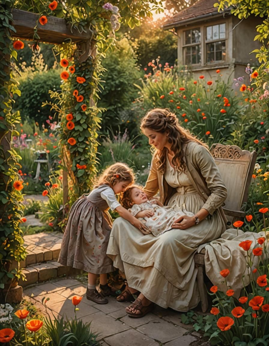 Mother and Children in Garden, Romantic Realism Style