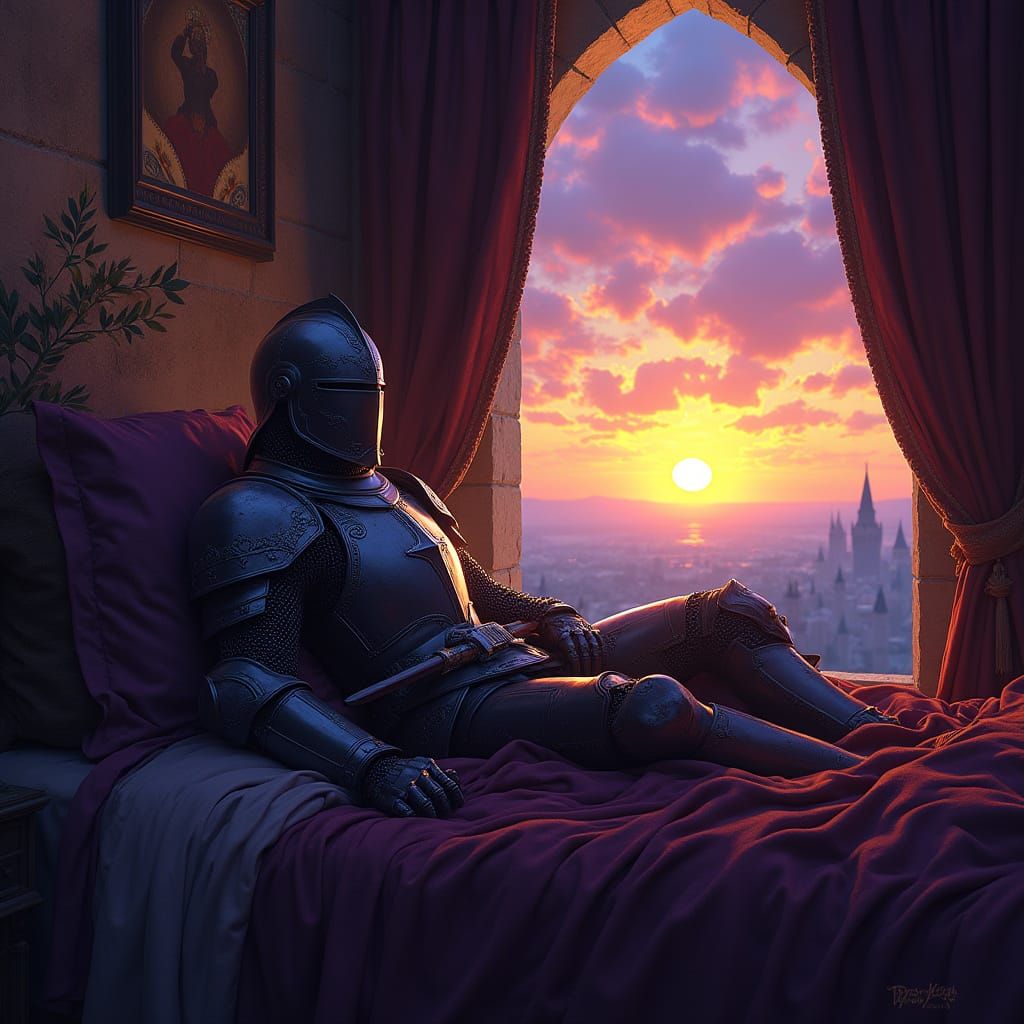 Dark Fantasy Knight Gazing at Sunrise