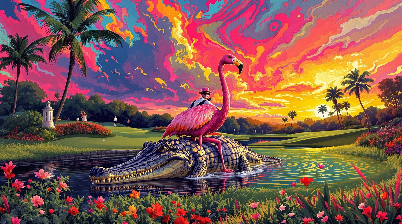 Flamingo on Alligator in Surrealist Style