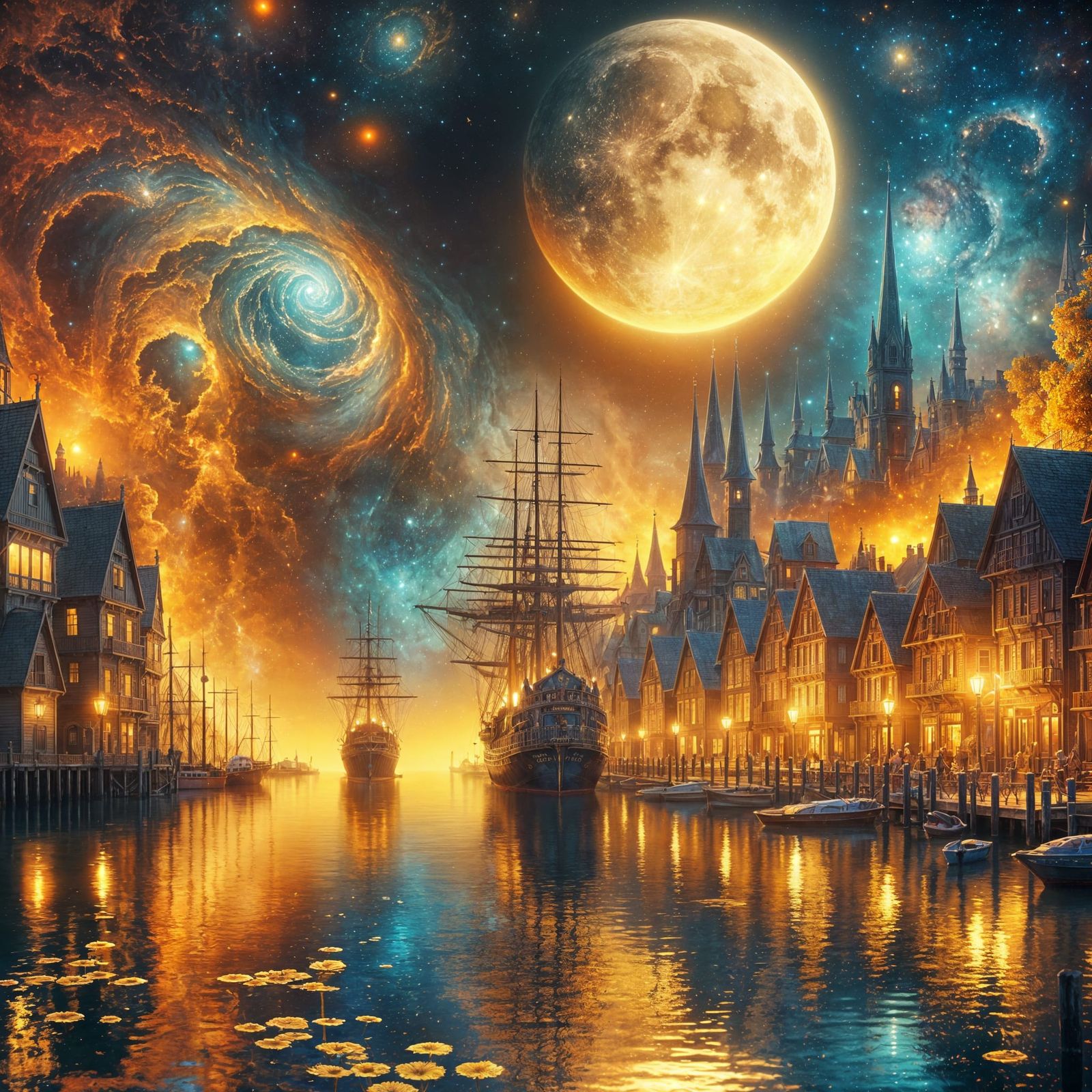 Fantasy Harbor Town Under a Golden Moon