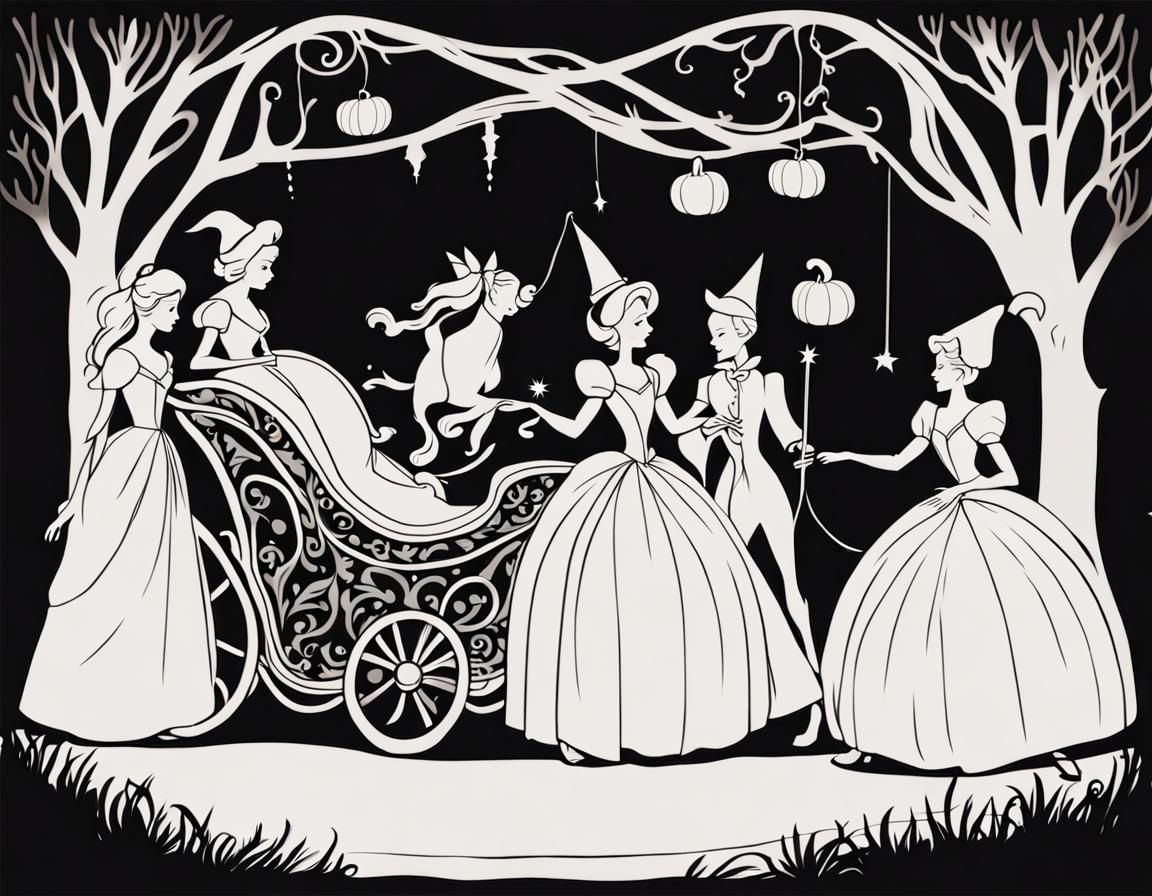 Shadow puppets of Cinderella, fairy godmother, glass slipper, pumpkin, mouse, enchanted carriage and horse contrasting c...