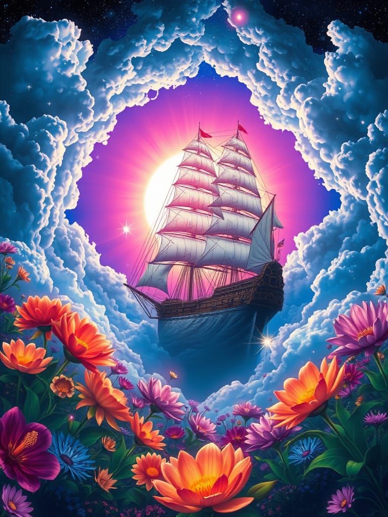 Cosmic Sailing Ship Amidst Bioluminescent Flowers