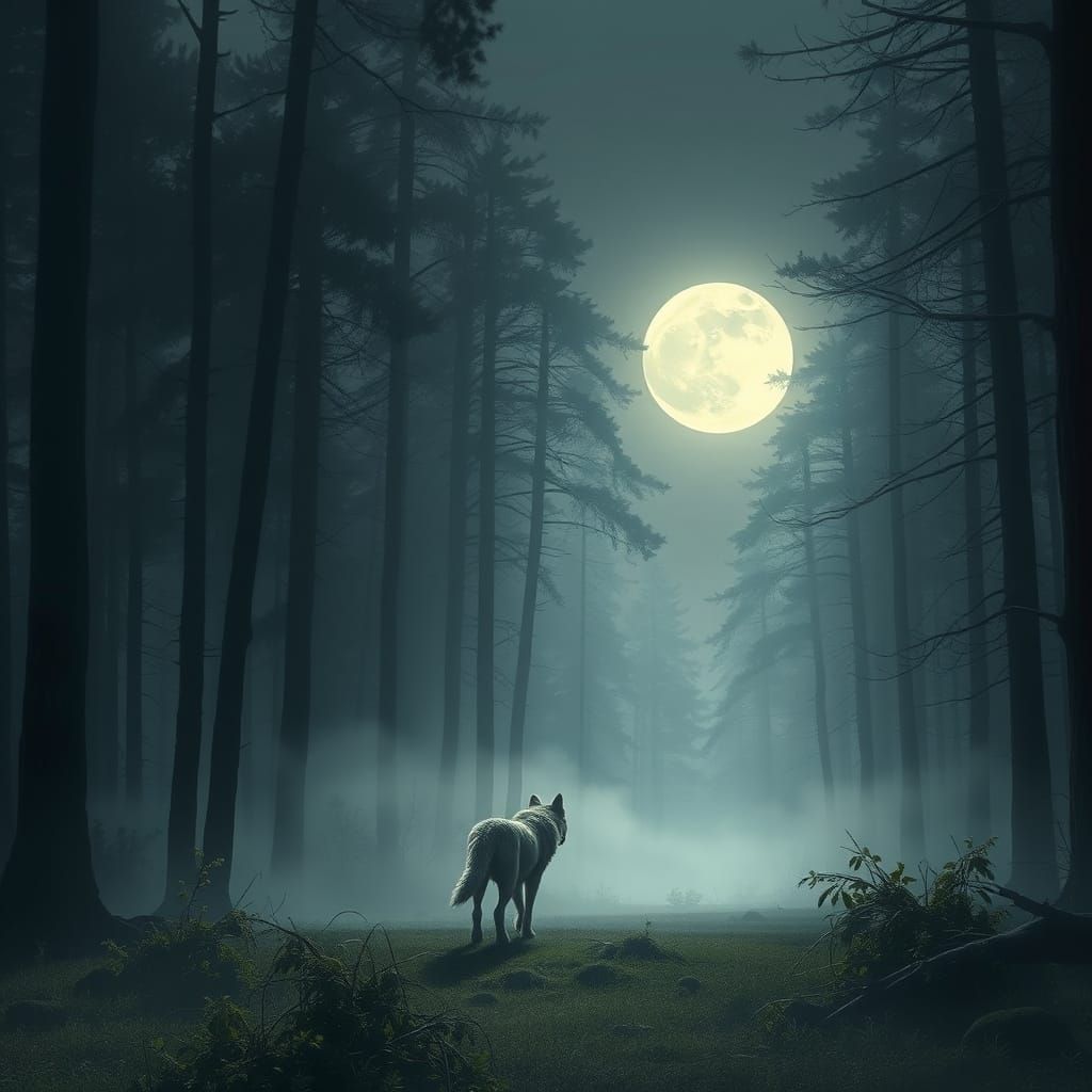 Wolf in a Serene, Moonlit Forest
