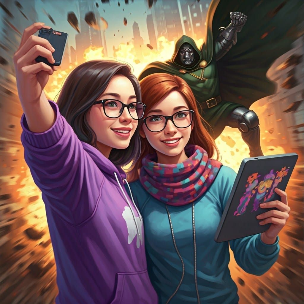Comic Book Duo Pose for Dynamic Selfie in a Swirling Citysca...