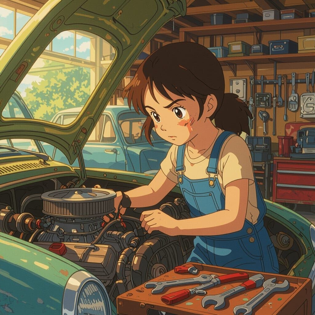 Girl Fixing Vintage Car in Sunlit Garage Anime Style