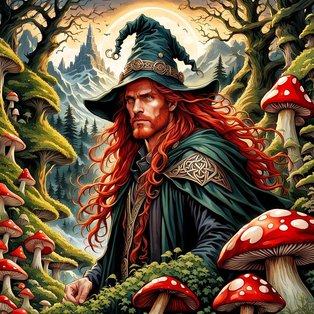 Majestic Wizard in High Gothic Watercolor Forest