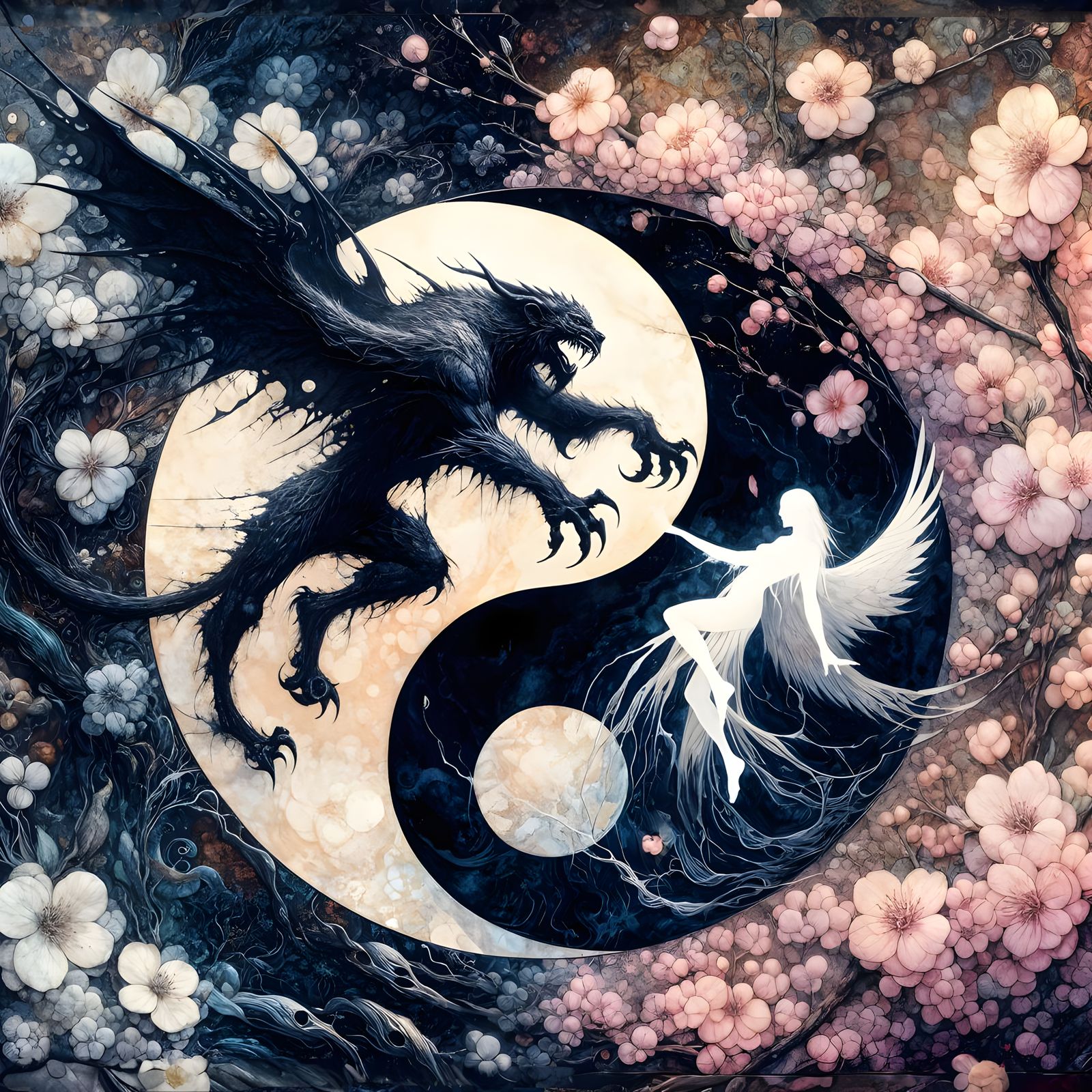 Intricate Geometric Yin Yang Masterpiece with Shadowy Pursui...