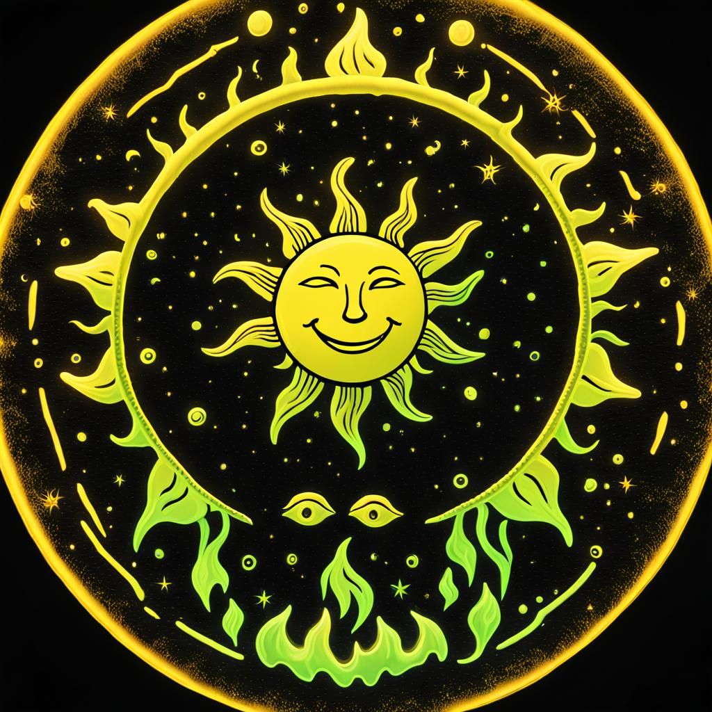 Glow in dark  3D ink  tattoo magma yellow happy sun breathing glowing plasma under black light in dark room , GeForce RT...