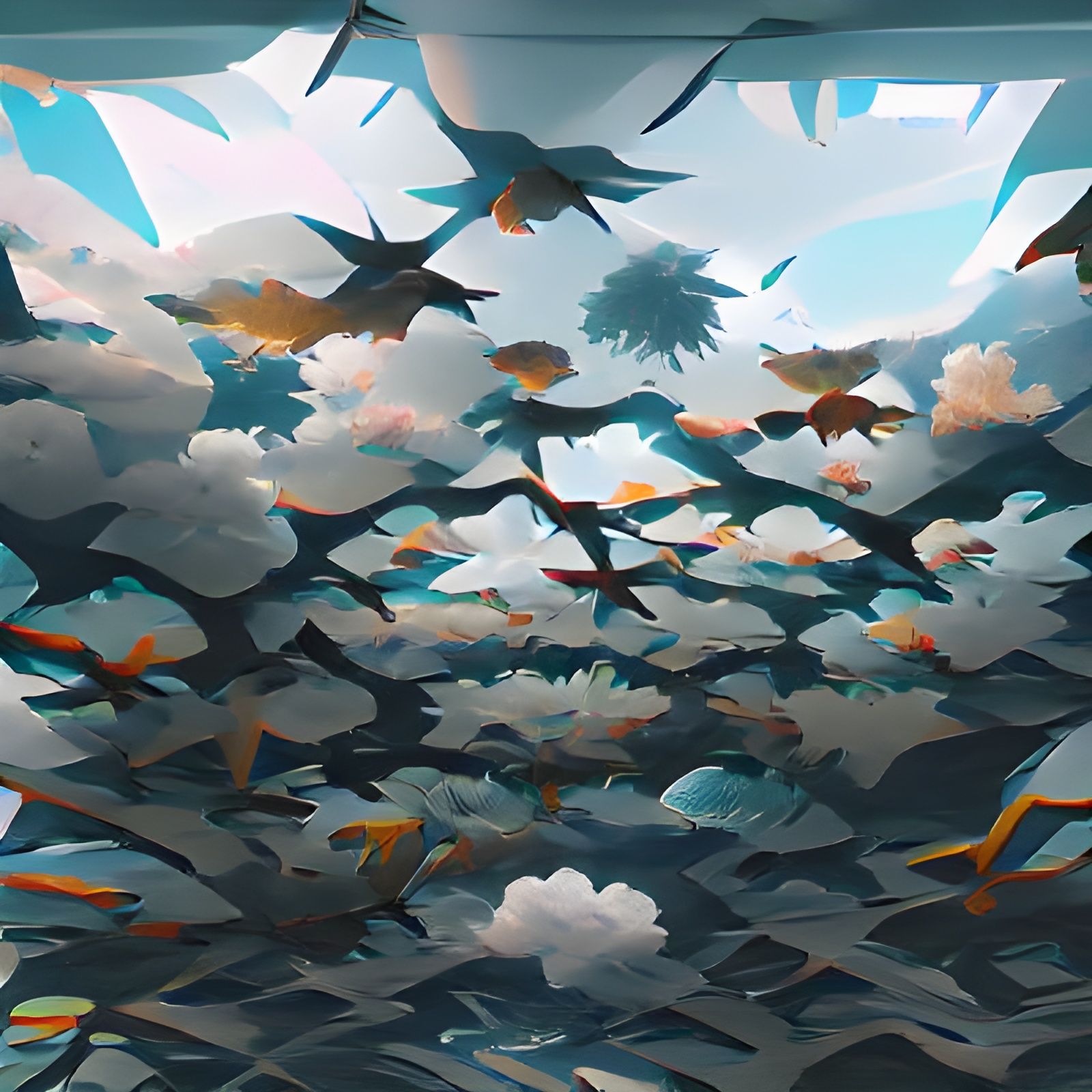 Tessellated Birds and Fish in Digital Illustration