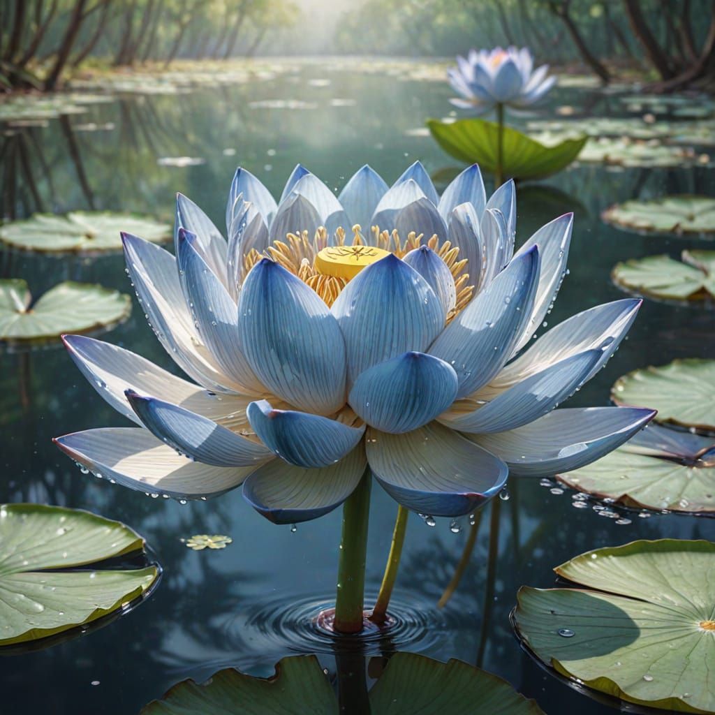 Blue Lotus in Pond: Watercolor Fantasy Art