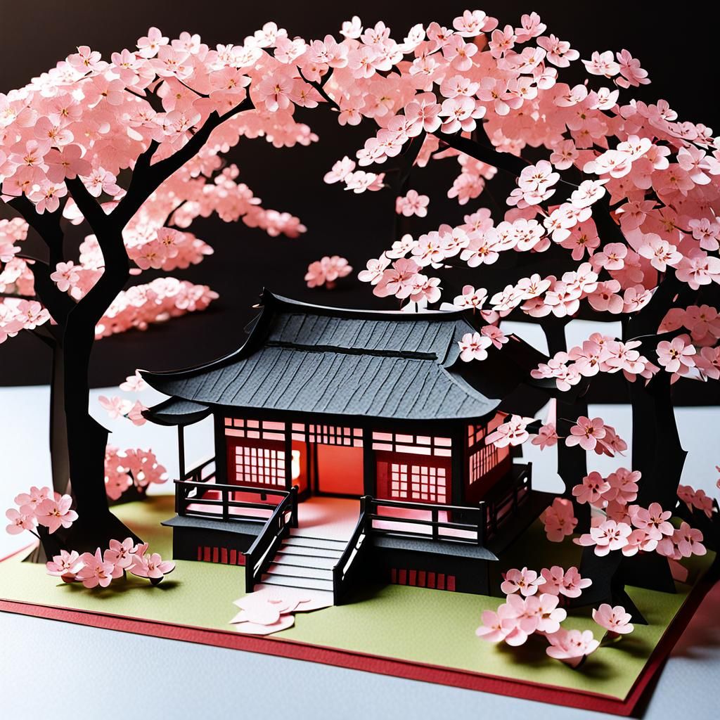 Japanese Tea House Kirigami with Cherry Blossoms