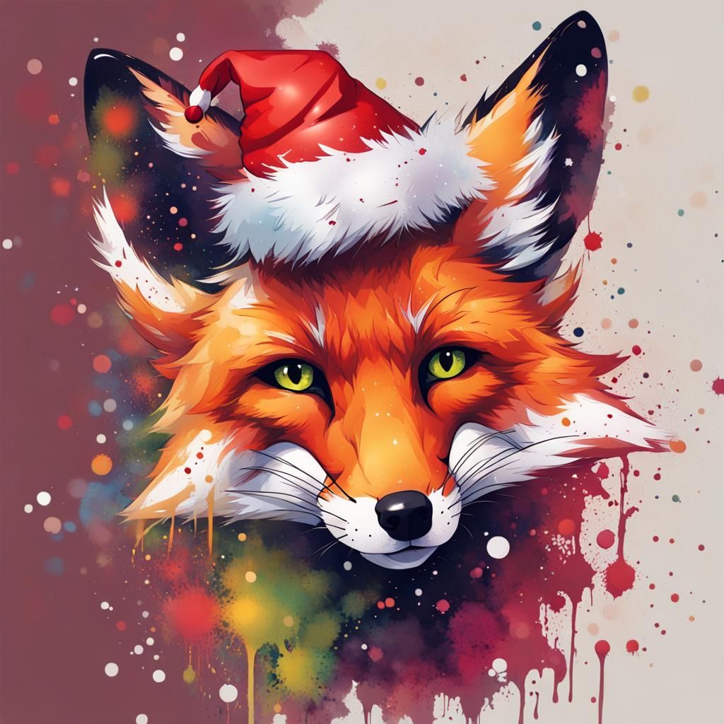 Colorful Fox Splatter Art with Christmas Hat