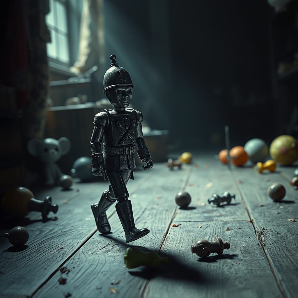 Ominous Tin Soldier Marches on Child's Floor, Dark Engraving...