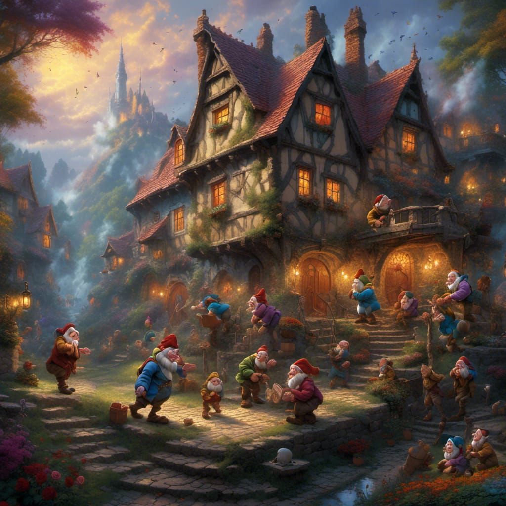 Hyperrealistic Horror Illustration of the Seven Dwarfs