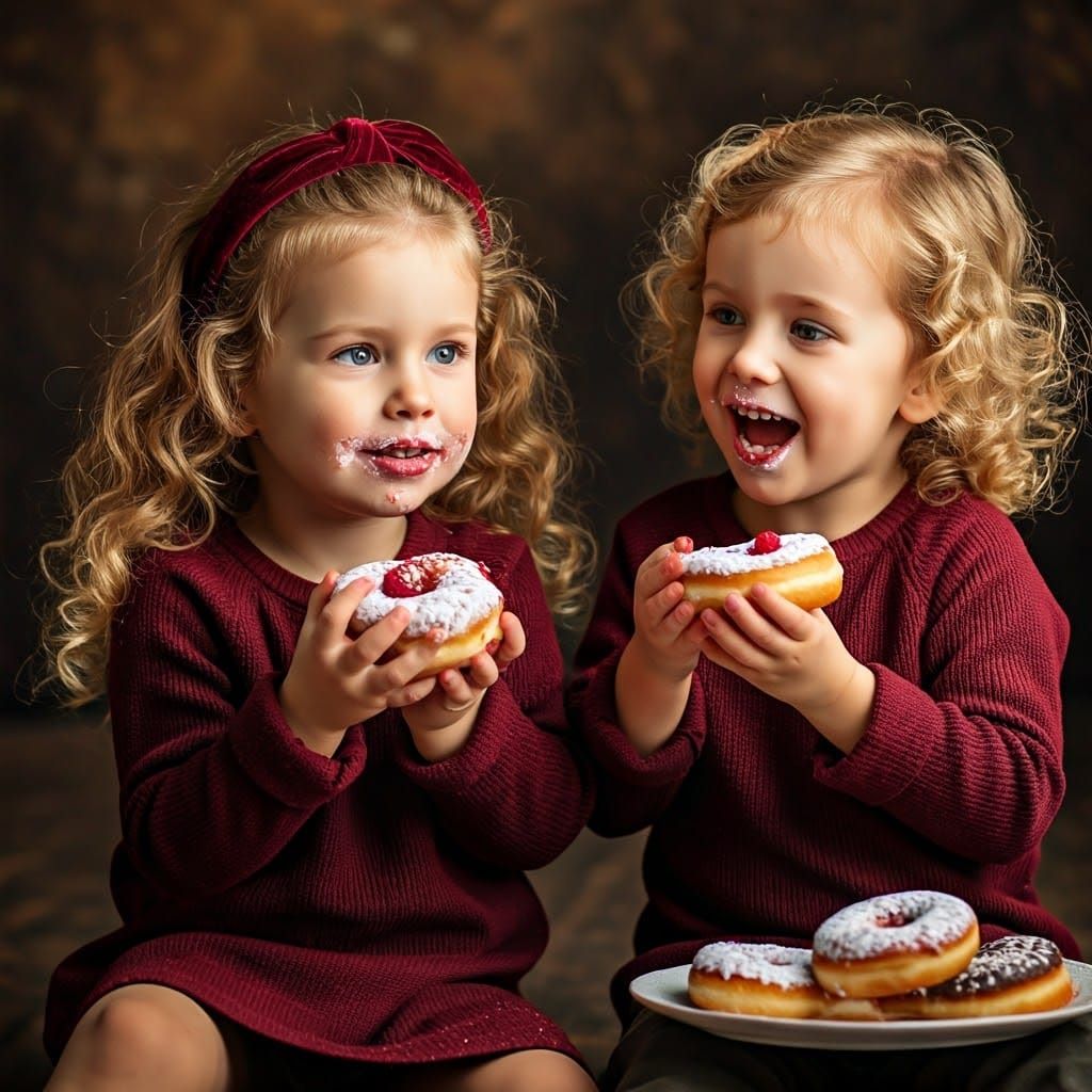 Happy Curly-haired Children Share Massive Donut