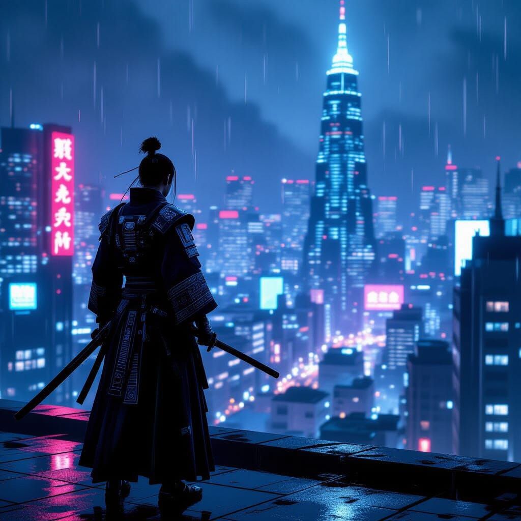 Cyber Samurai in Neon Tokyo Rain