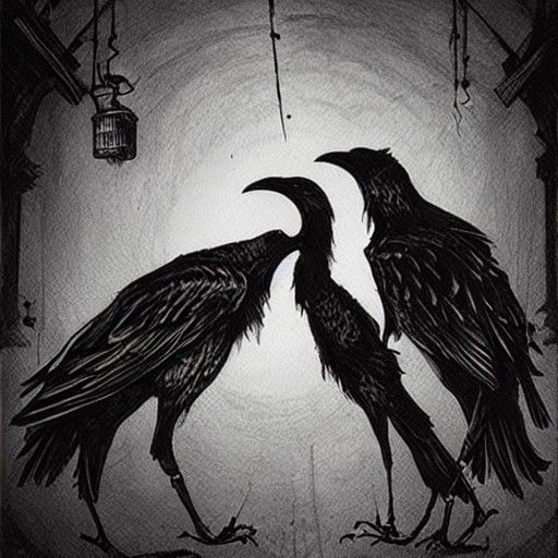 Steampunk Crows in Love, Complex Ink Drawing