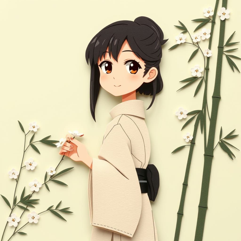 Anime Girl in Felt Layers with Cherry Blossoms