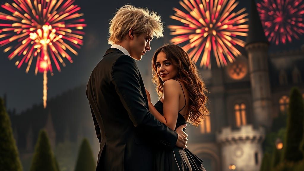 Tender Hug Under Starry Night Sky in a Majestic Castle