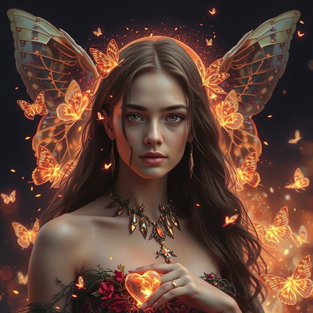 Ethereal Woman with Heart of Fire Under Moon