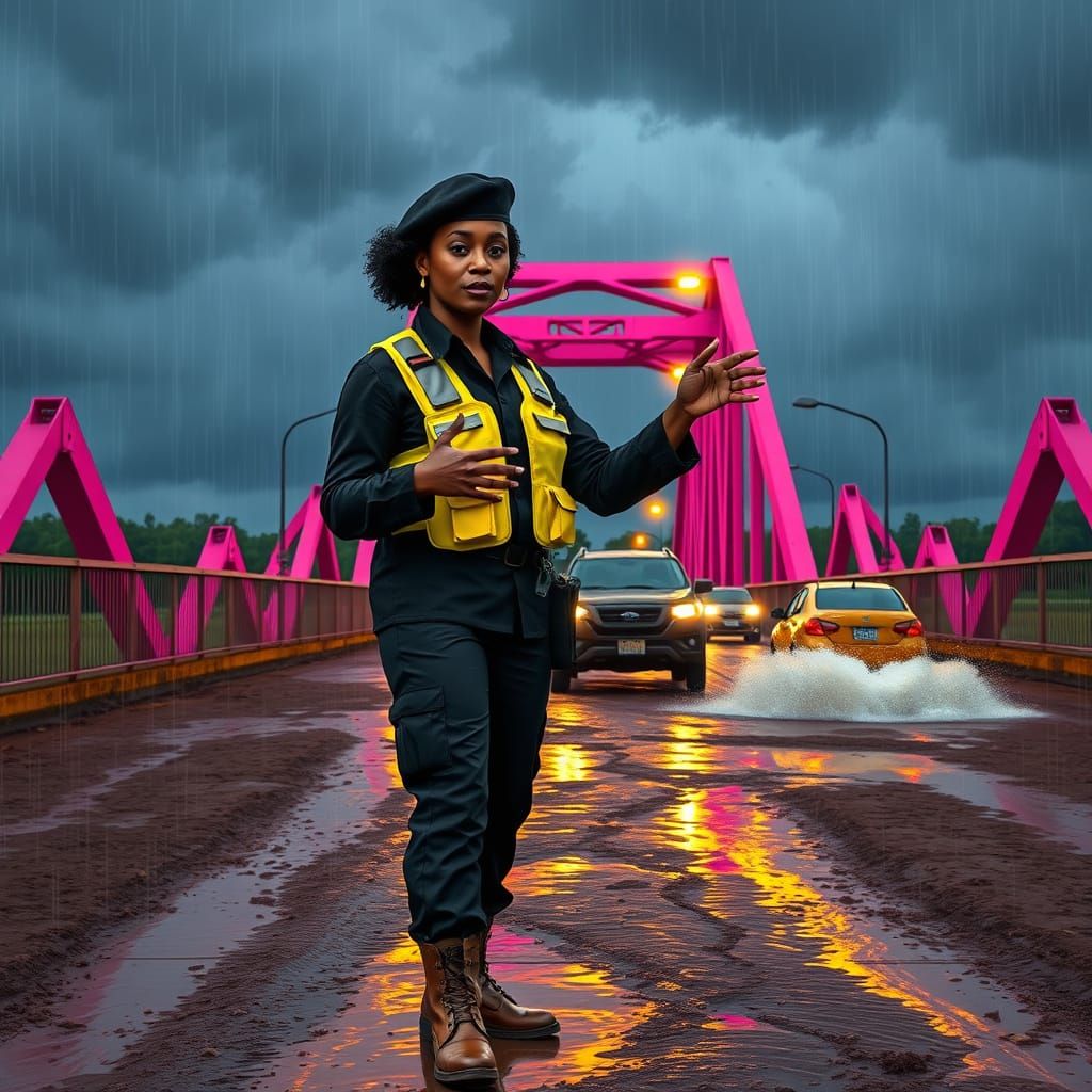 African Security Woman Directs Traffic onto Vibrant Pink Bri...