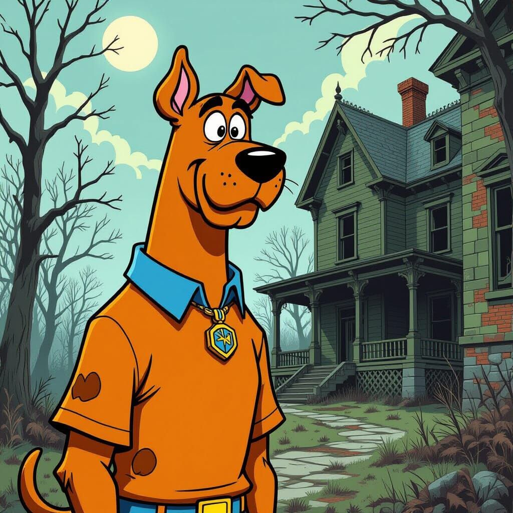 Human Scooby Doo in Retro-Futuristic Mansion