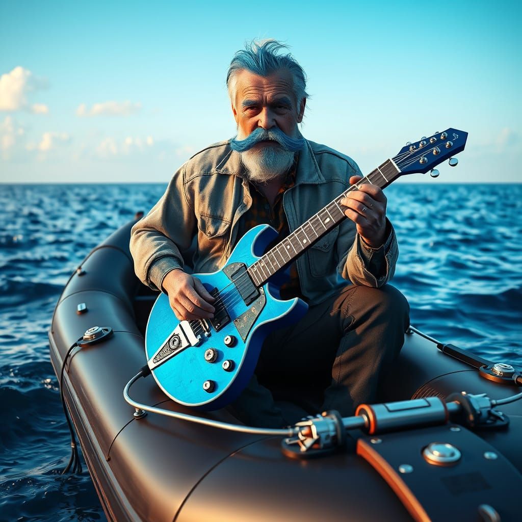 Blue Mustache Grandpa Plays Guitar on Blue Ocean