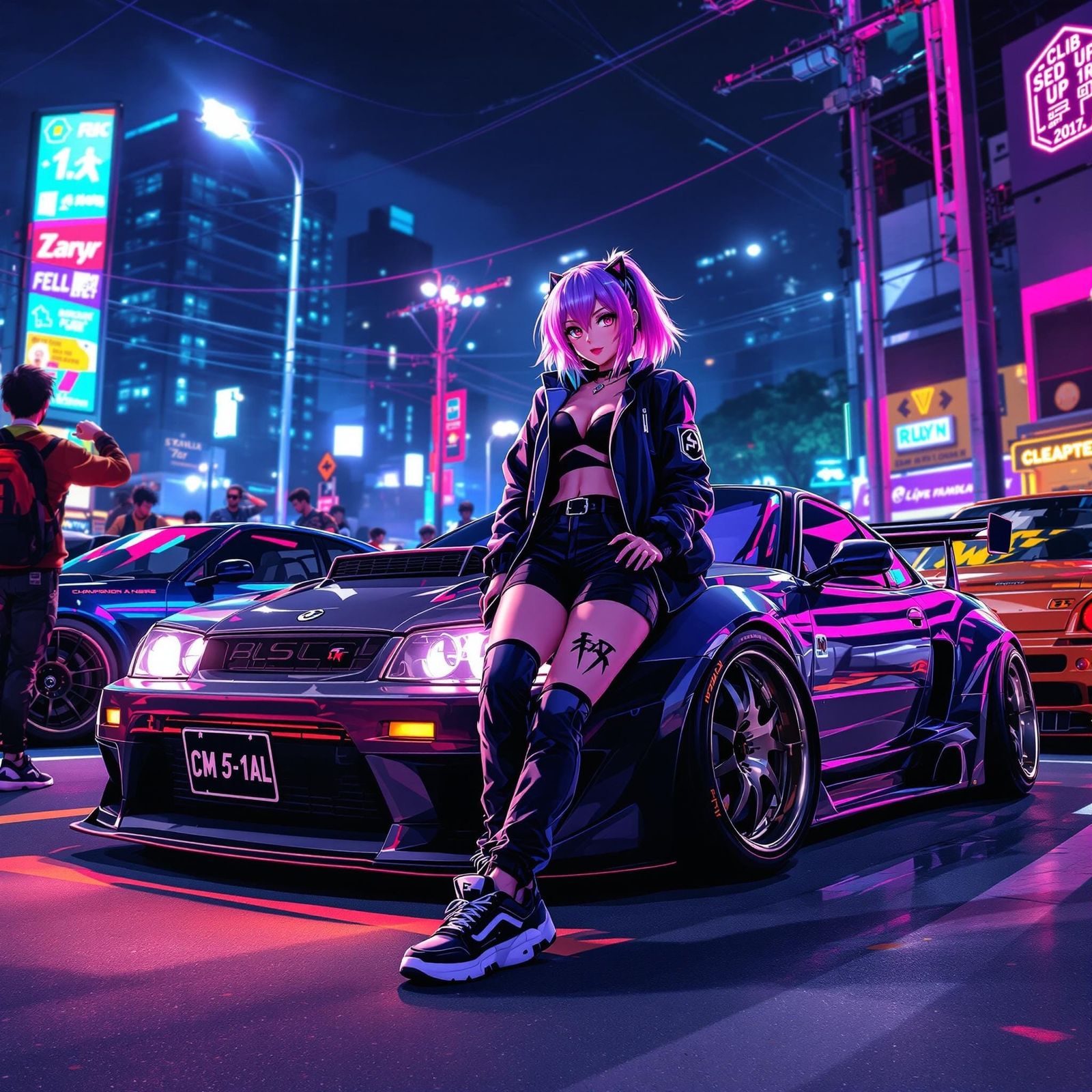 Anime Girl Leans Against Custom Car at Neon-Filled Car Meet