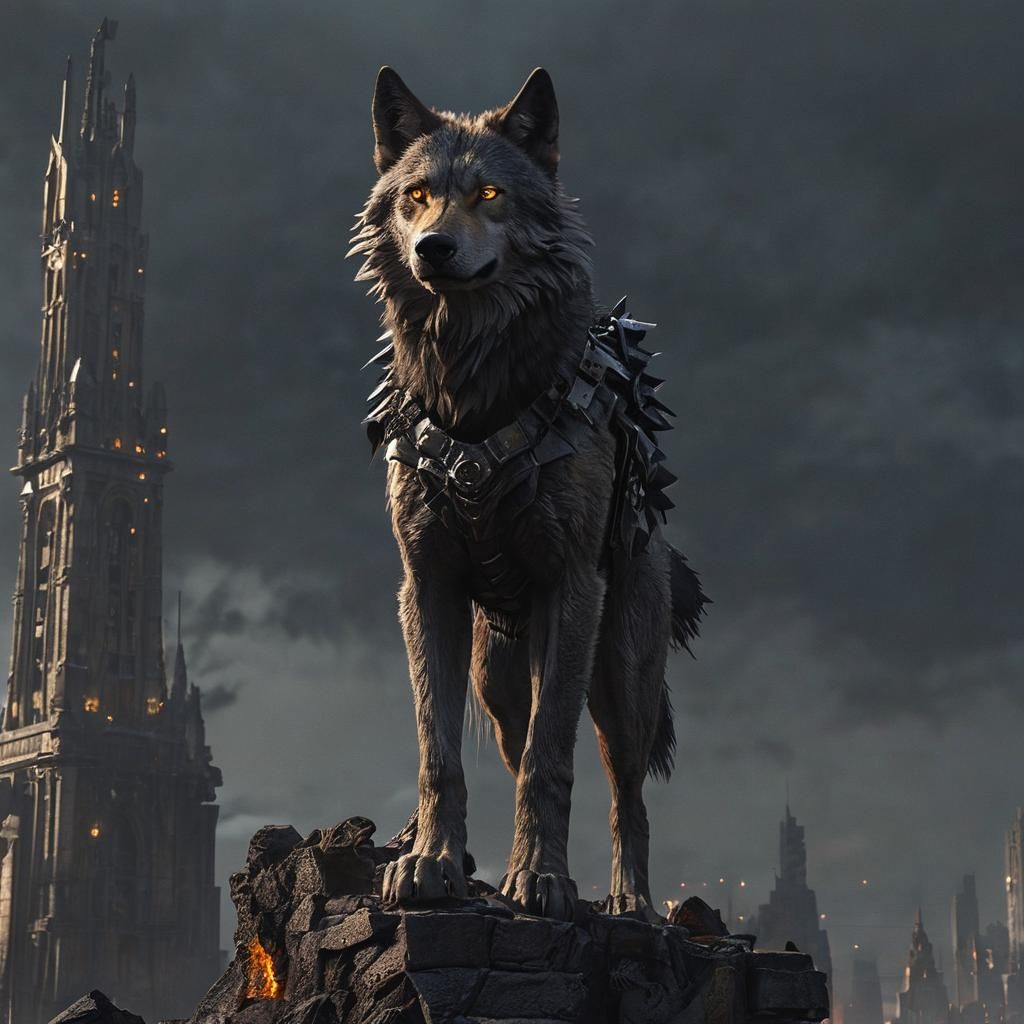 Wolf Warrior Overlooks Ruined City in Dark Fantasy Style