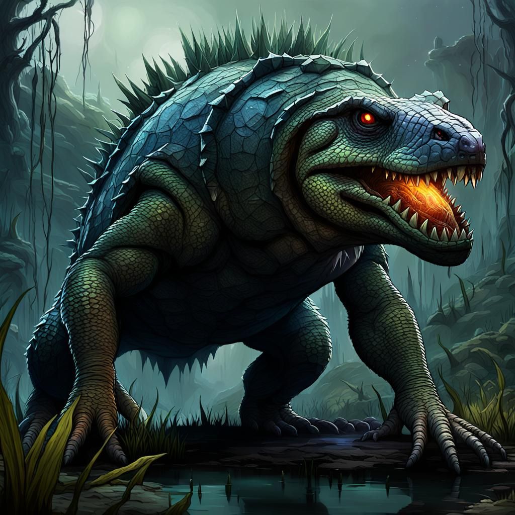 Armored Reptilian Plant Creature in Ancient Swamp