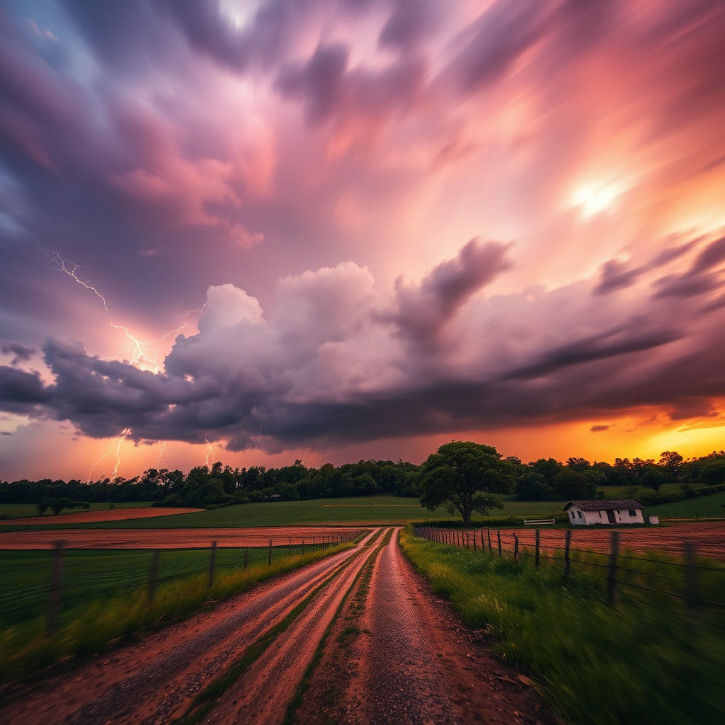Dramatic Rural Landscape Under a Lightning Storm