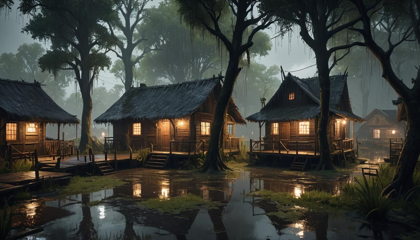 Rainy Night in Swamp Village: 3D Game Cinematic