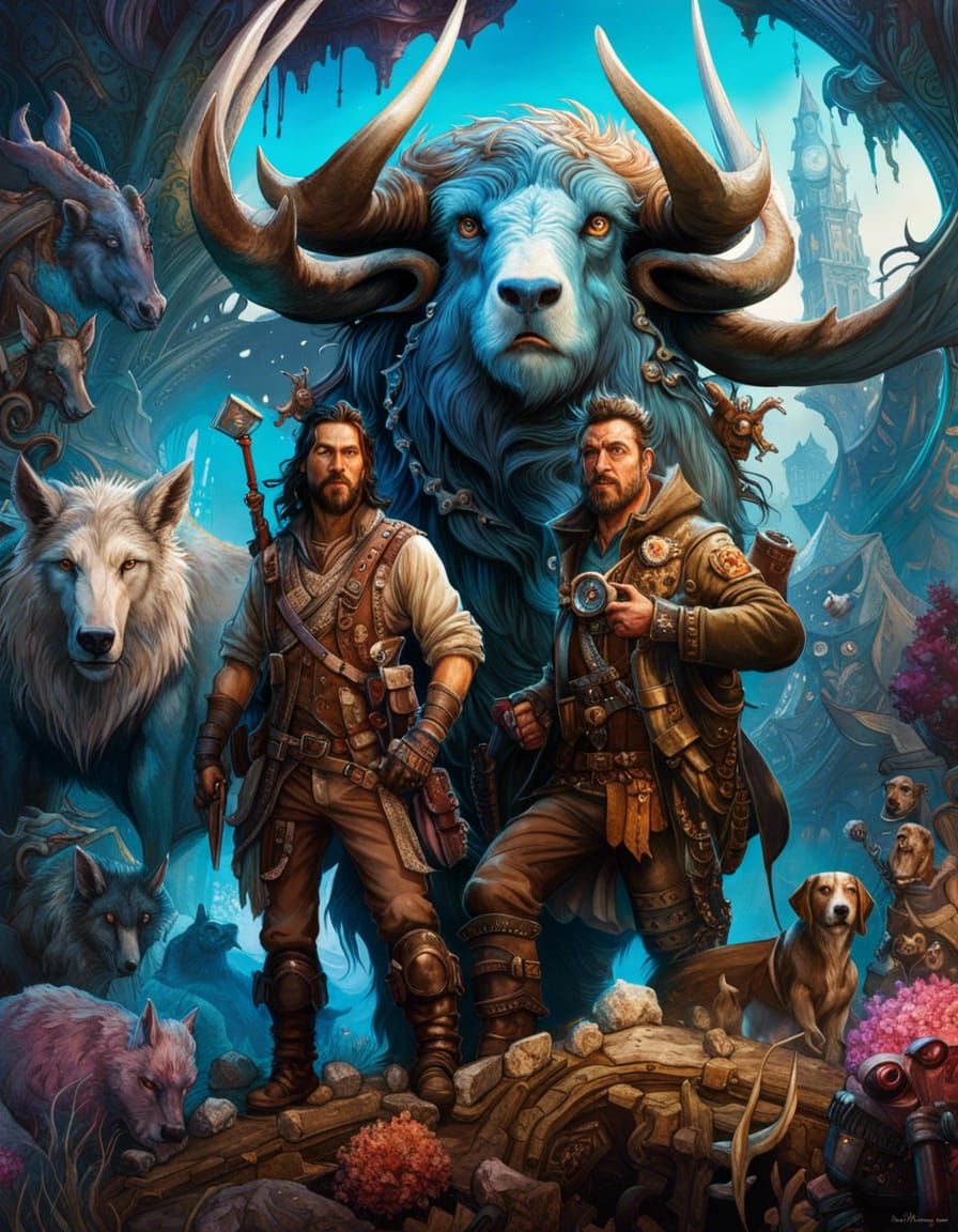 Two men at a party with mythical creatures