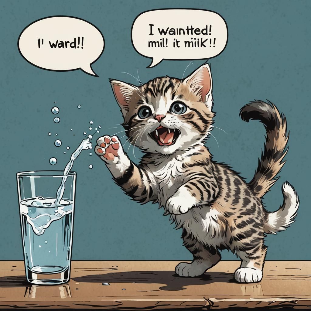 Mischievous Kitten Throws Water: Comic-Style Illustration