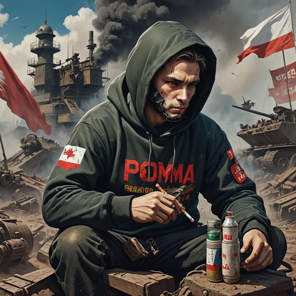 Hooded Figure in Bomb Bay with Polish Flag