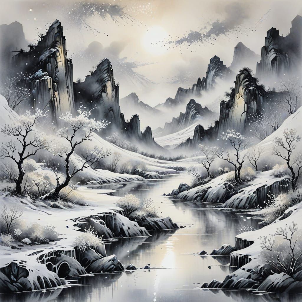 Icy Arctic Landscape in Chinese Ink Painting