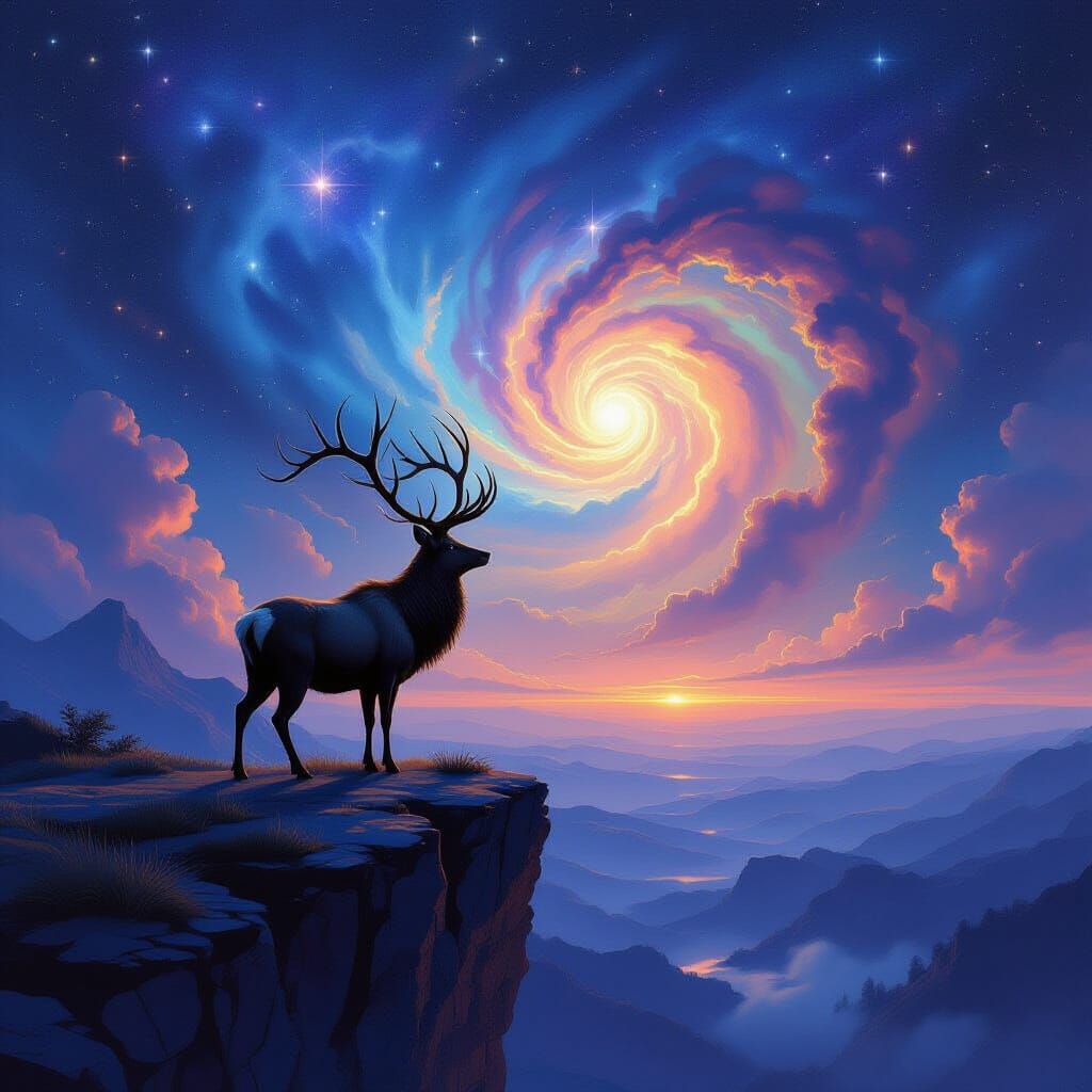 Majestic Stag Gazes at Cosmic Nebula in Oil Painting Style