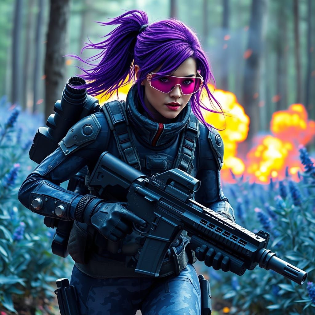 Cyberpunk Warrior in Blueberry Camouflage