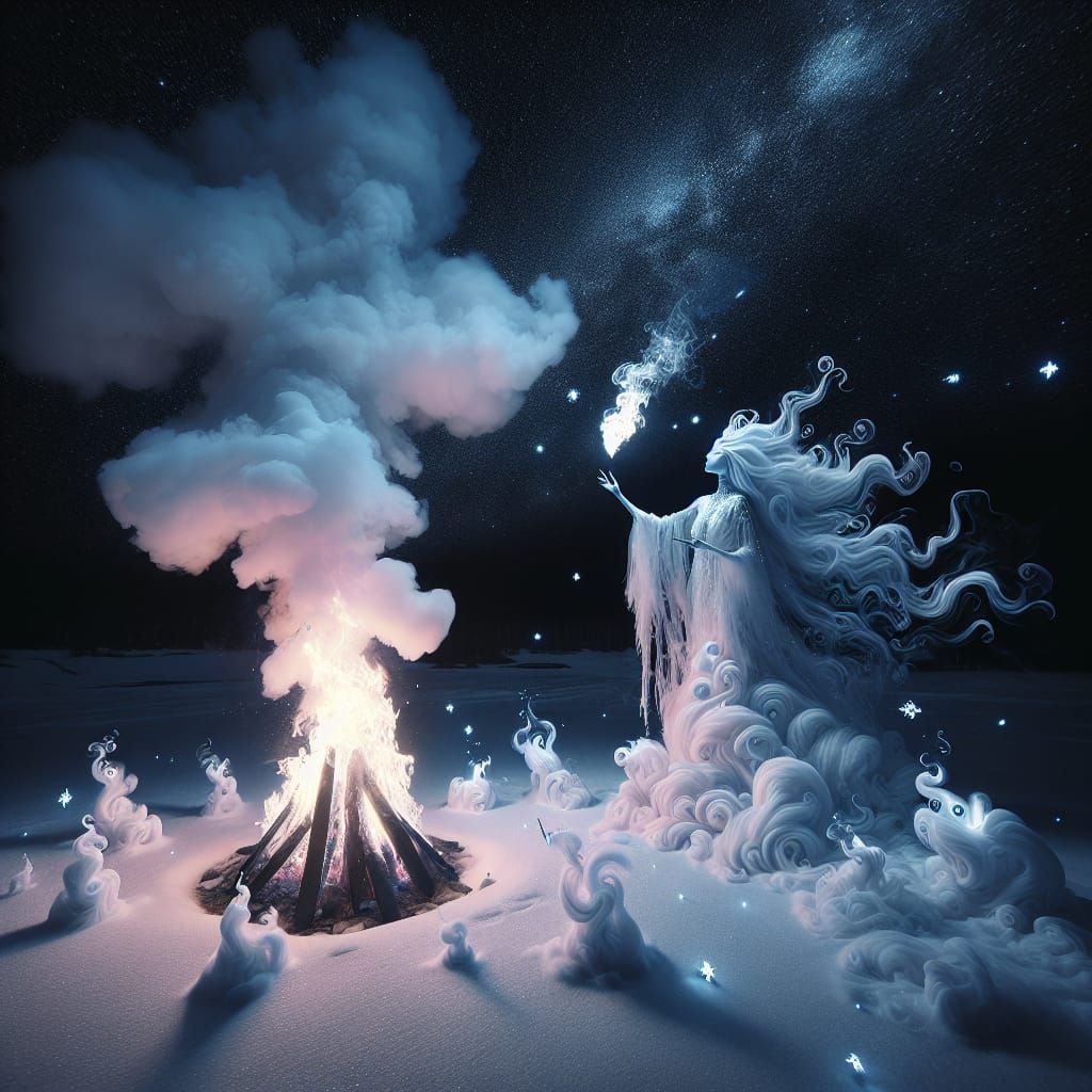 Ethereal White Fire Witch Under Starry Night