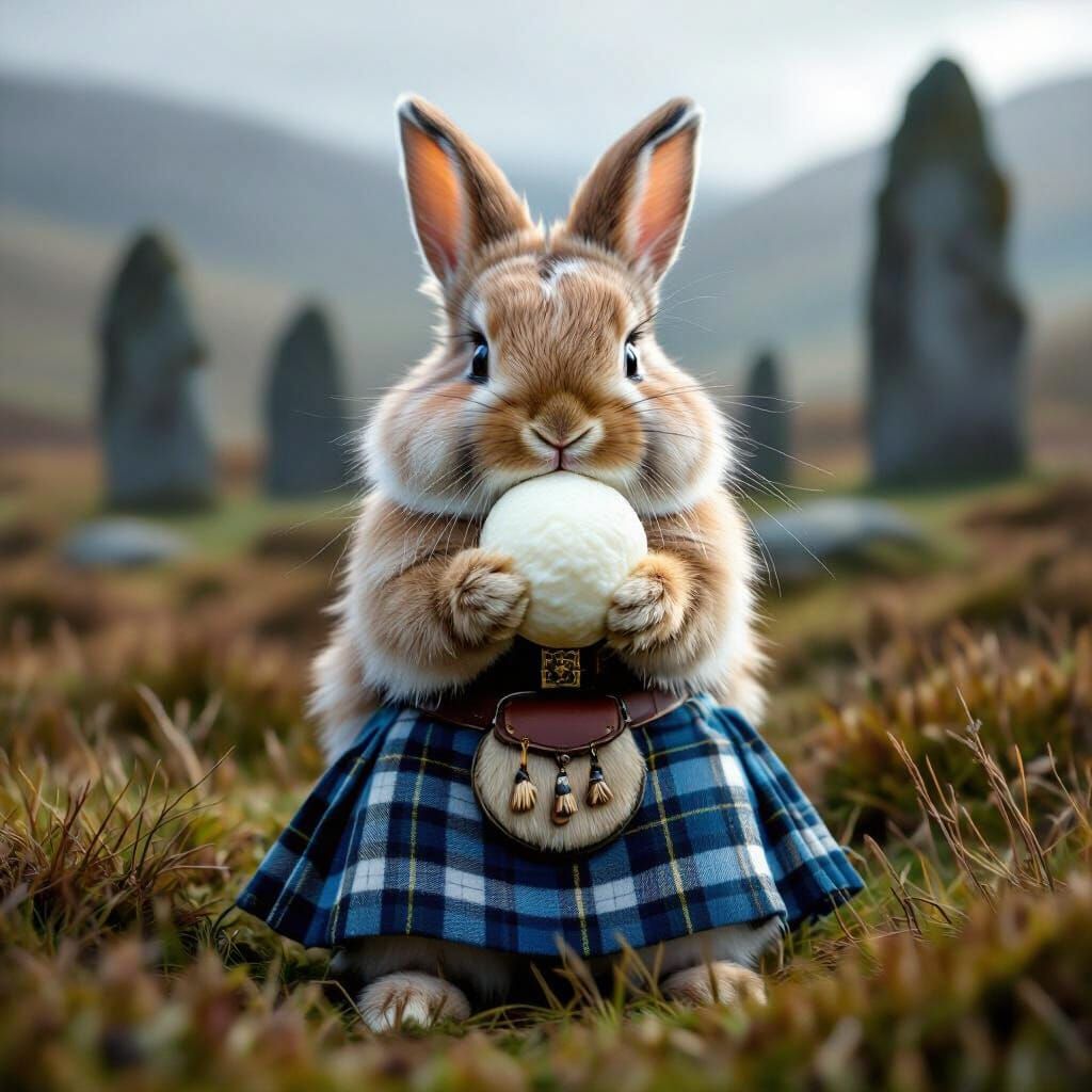 Rabbit in Kilt Eats Mozzarella in Misty Scotland