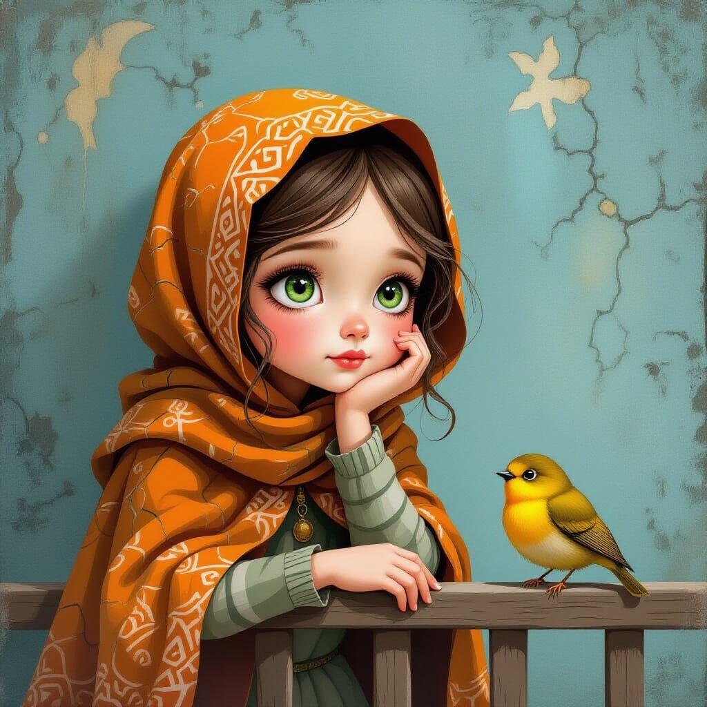 Enchanting Girl with Yellow Bird in Fantasy Art