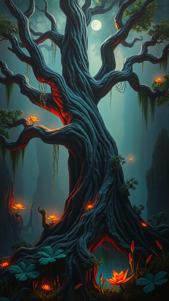 Ancient Bioluminescent Tree in Alien Jungle Oil Painting
