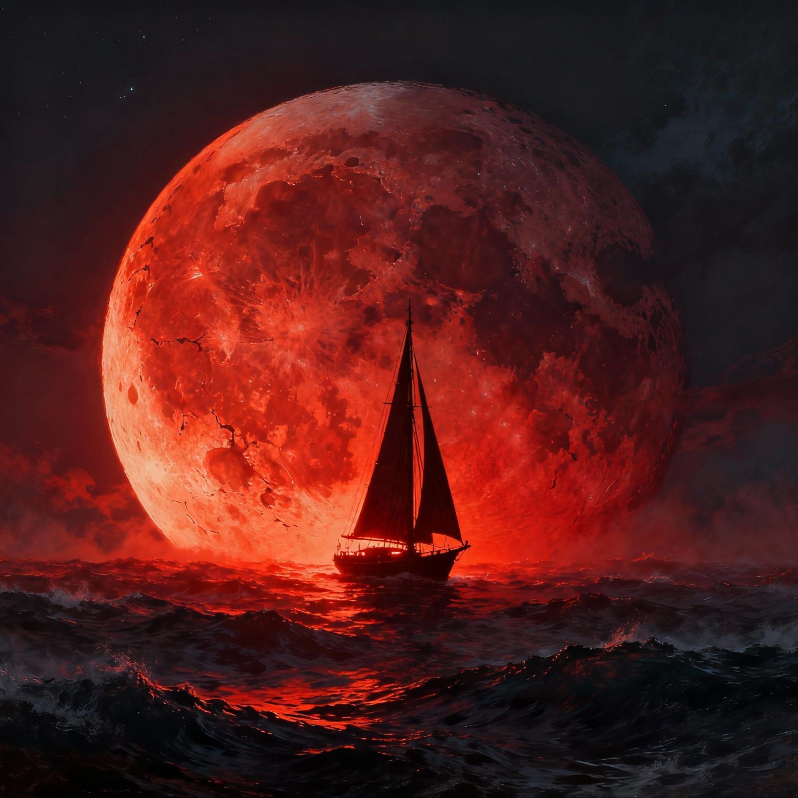 Moonlit Sailboat Under Surreal Night Sky