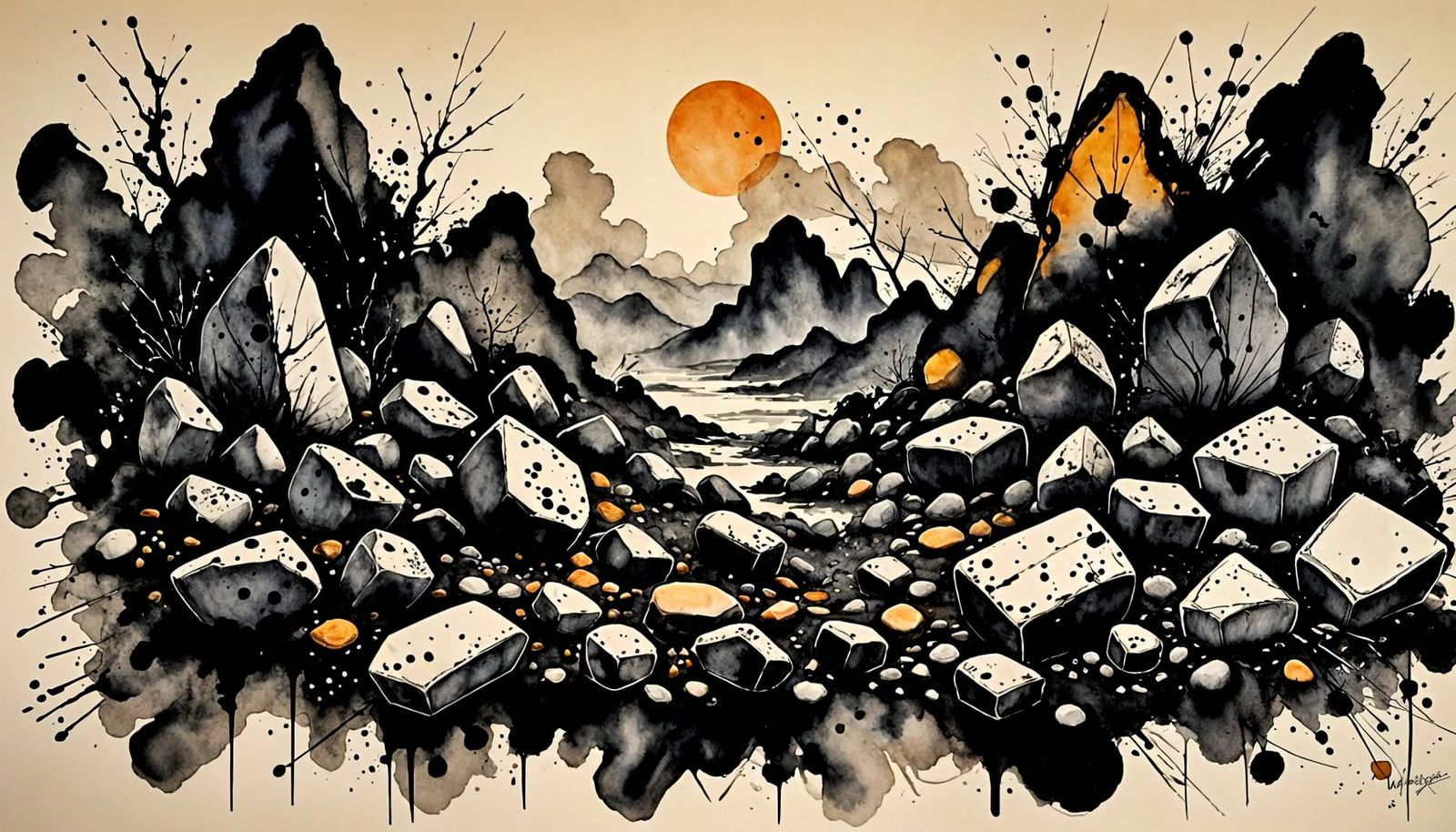 Abstract Ink Painting of a Stone Quarry
