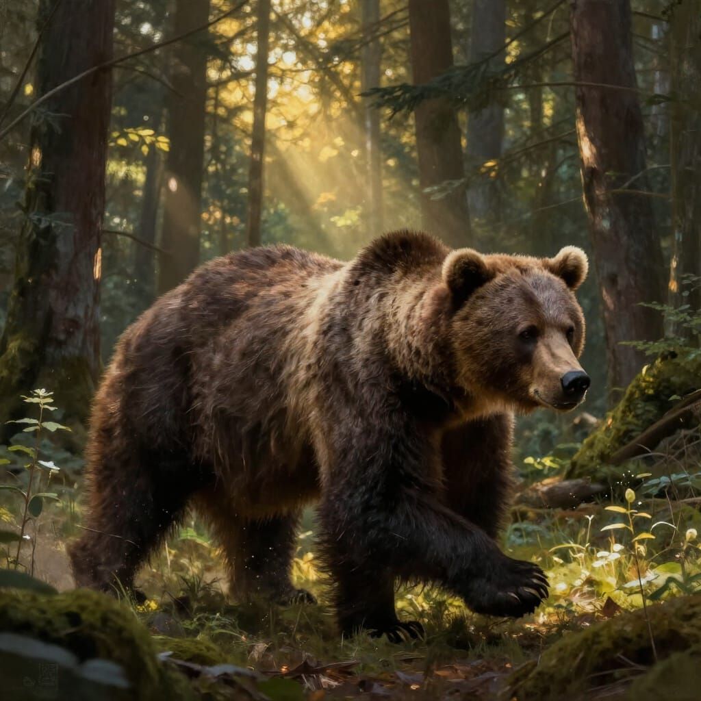 Brown Bear Runs Through Sun-Dappled Forest