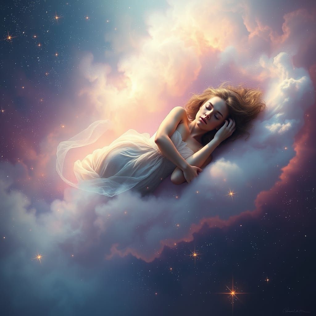 Ethereal Woman Sleeping in Cosmic Nebula