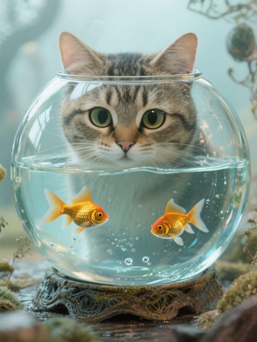 Curious Cat and Goldfish in Dreamlike Style